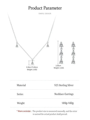 Product specification sheet for a silver necklace and matching earrings, showing the jewelry with dimension callouts and a table listing material as 925 sterling silver, series as necklace-earrings, and weight as 1.65g-1.