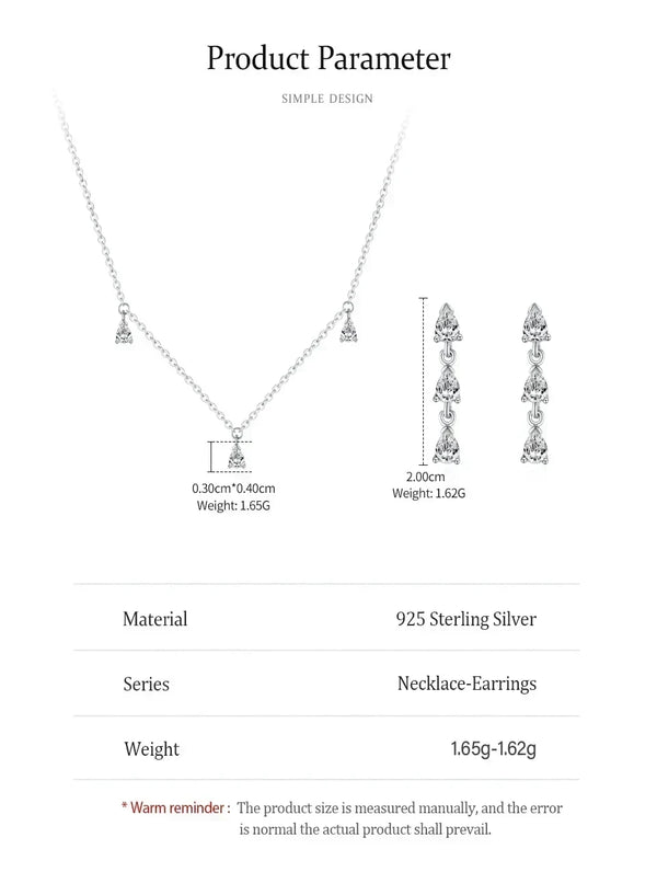 Product specification sheet for a silver necklace and matching earrings, showing the jewelry with dimension callouts and a table listing material as 925 sterling silver, series as necklace-earrings, and weight as 1.65g-1.