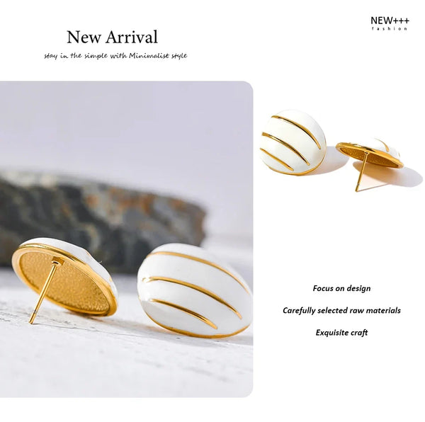 White and gold stud earrings shown in a clean catalog layout with close-up views from front and side, alongside marketing text on a white background.