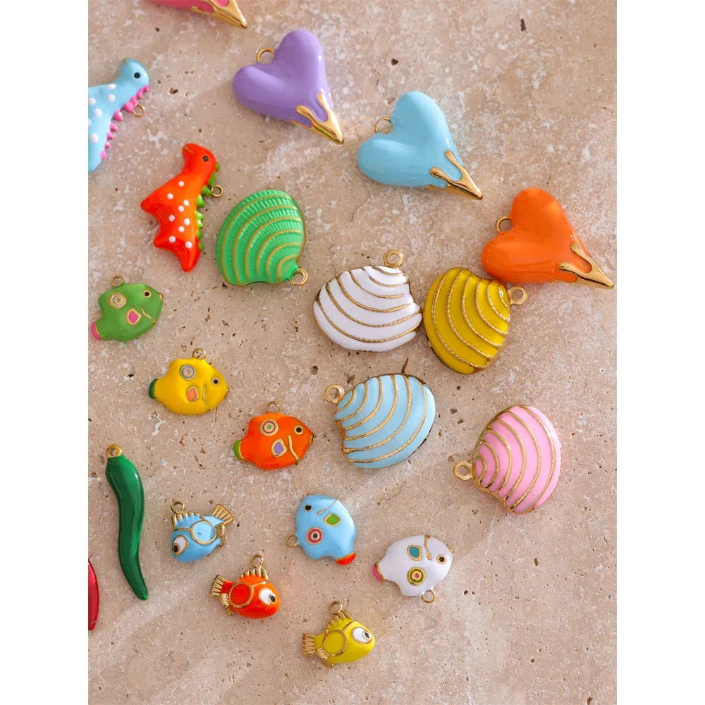 Y2K Enamel Fruit Cherry Shell Fish Heart DIY Accessories Pendants Making Necklace Bracelet Stainless Steel Jewelry Gift