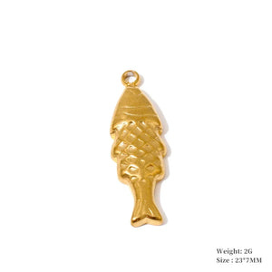 A gold-colored fish-shaped jewelry charm with a textured scale pattern and a top loop, shown on a plain white background with size and weight text in the bottom right corner.