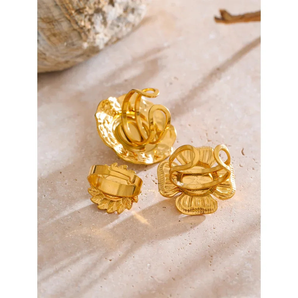 Yhpup Arrivals Blue Turquoise Flower Sun Adjustable Ring for Women 18K Golden Plated Stainless Steel Fashion Finger Jewelry