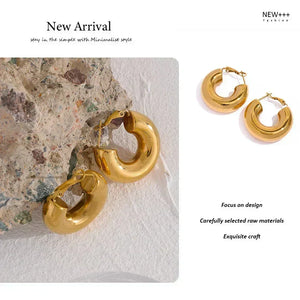 Gold hoop earrings on a textured surface with 'NEW++' branding.