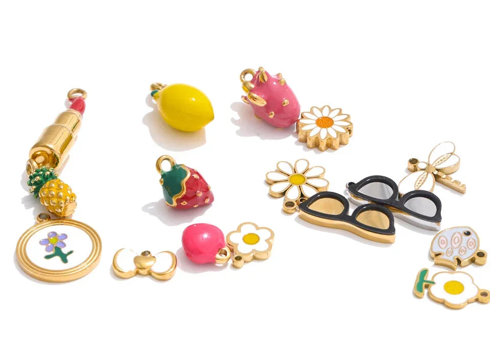 Fashion Enamel Lemon Strawberry Heart Flower Gift DIY Accessories Making Necklace Bracelet Earring Stainless Steel Jewelry