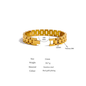 Gold-plated stainless steel bracelet, 11mm wide, 180mm length, 5mm thick, on white background