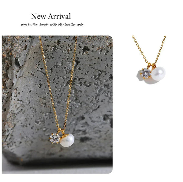 Minimalist gold-plated necklace with pearl and crystal pendant, 925 sterling silver jewelry