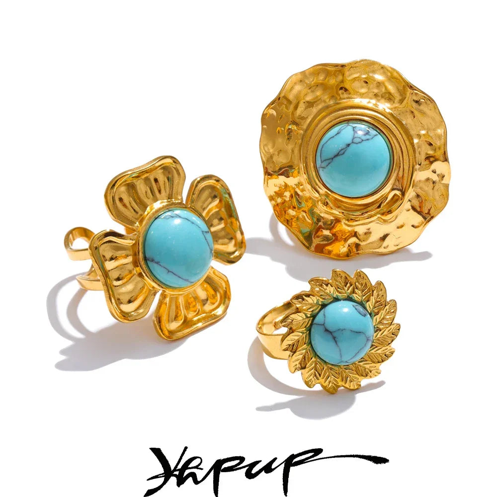 Yhpup Arrivals Blue Turquoise Flower Sun Adjustable Ring for Women 18K Golden Plated Stainless Steel Fashion Finger Jewelry