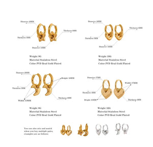 Close-up of a woman Astral Affection Hoops - TM & CO. JEWELS - a gold earring with detailed specifications on a white background.
