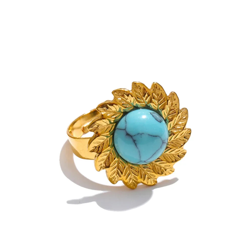 Yhpup Arrivals Blue Turquoise Flower Sun Adjustable Ring for Women 18K Golden Plated Stainless Steel Fashion Finger Jewelry