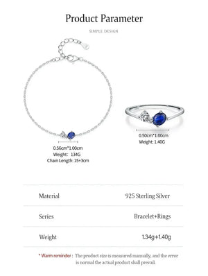Product information graphic for a sterling silver bracelet and ring set. The image shows a silver chain bracelet with a small oval blue stone and a silver ring with a larger oval blue stone and clear accent stones.