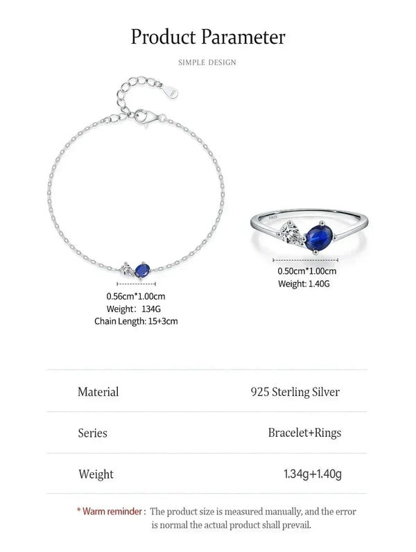 Product information graphic for a sterling silver bracelet and ring set. The image shows a silver chain bracelet with a small oval blue stone and a silver ring with a larger oval blue stone and clear accent stones.