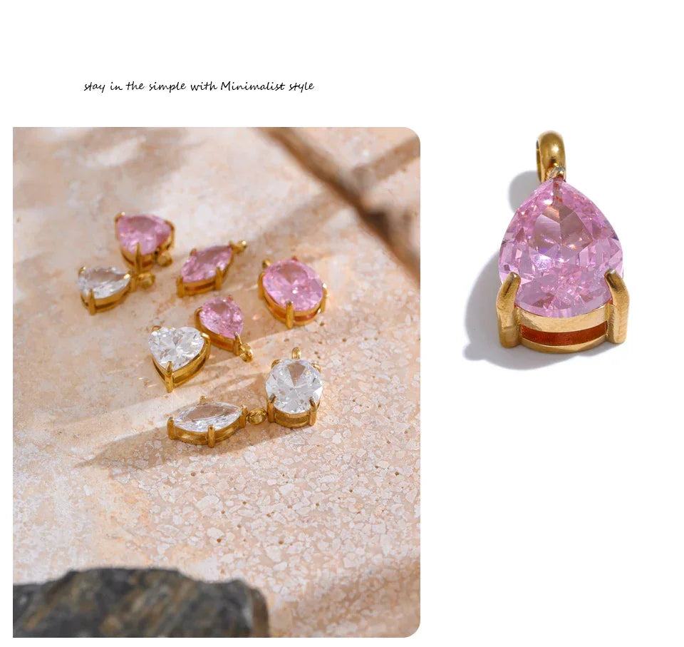 Casting Technology Fashion Black White Pink Bling Cubic Zirconia Gold Color Charm Pendant Stainless Steel DIY Accessories