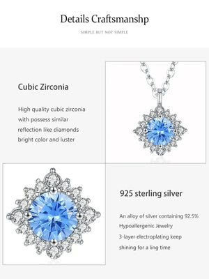 Silver pendant necklace with a large round light blue cubic zirconia stone surrounded by small clear stones, shown with text callouts about cubic zirconia and 925 sterling silver on a light gray background.