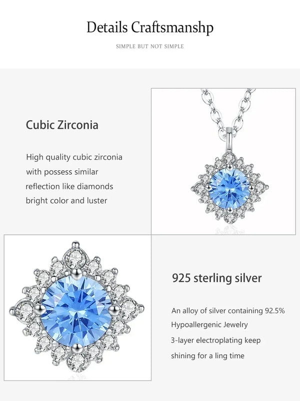 Silver pendant necklace with a large round light blue cubic zirconia stone surrounded by small clear stones, shown with text callouts about cubic zirconia and 925 sterling silver on a light gray background.