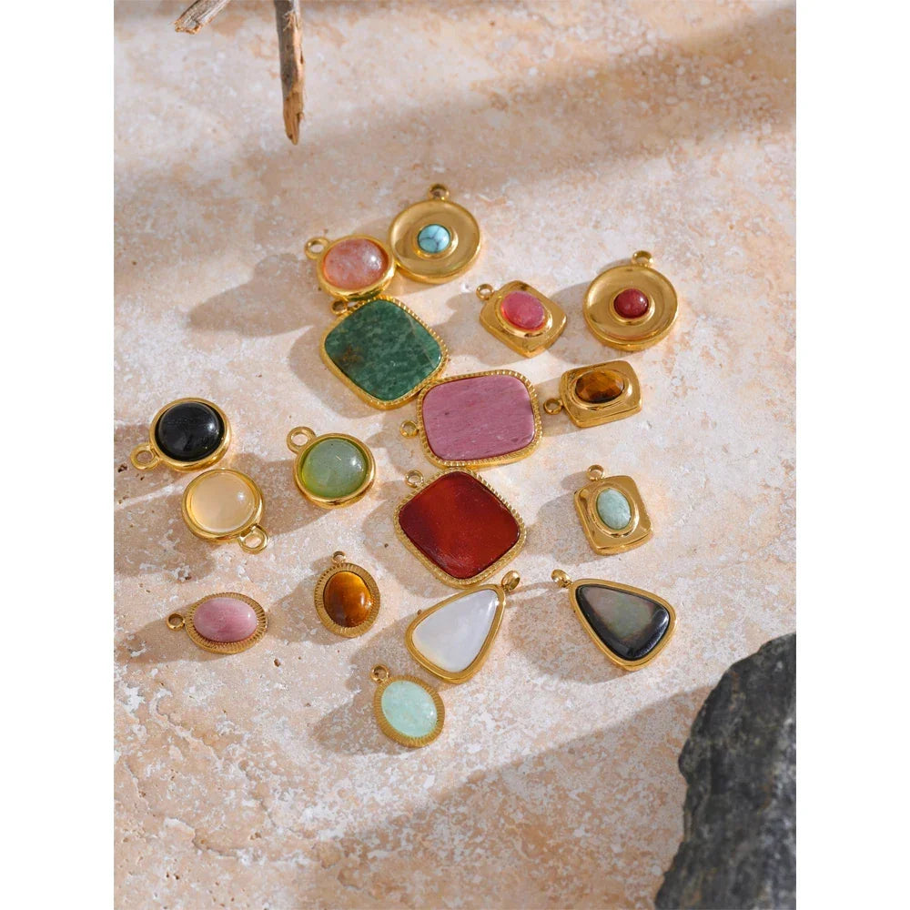 Exquisite Stainless Steel Natural Stone Square Round Oval Pendants for Necklace Bracelet Earrings DIY Accessories Making