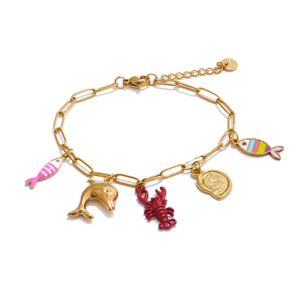 Gold Enamel Fish Charm Bracelet