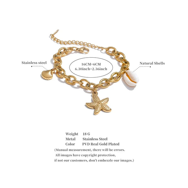 Gold bracelet with starfish charm on a white background