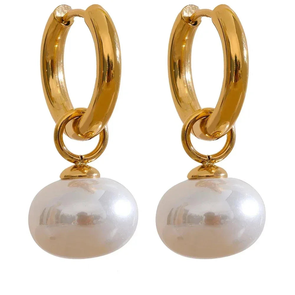 Golden Pearl Drop Korean Hoop Earrings - TM & Co. Jewels