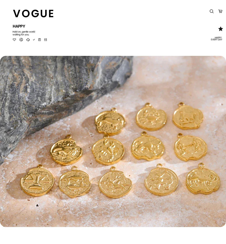 Real Gold Plated 12 Constellation Metal Diy Charms For Jewelry Making Bulk Stainless Steel Charm Pendant Accessories