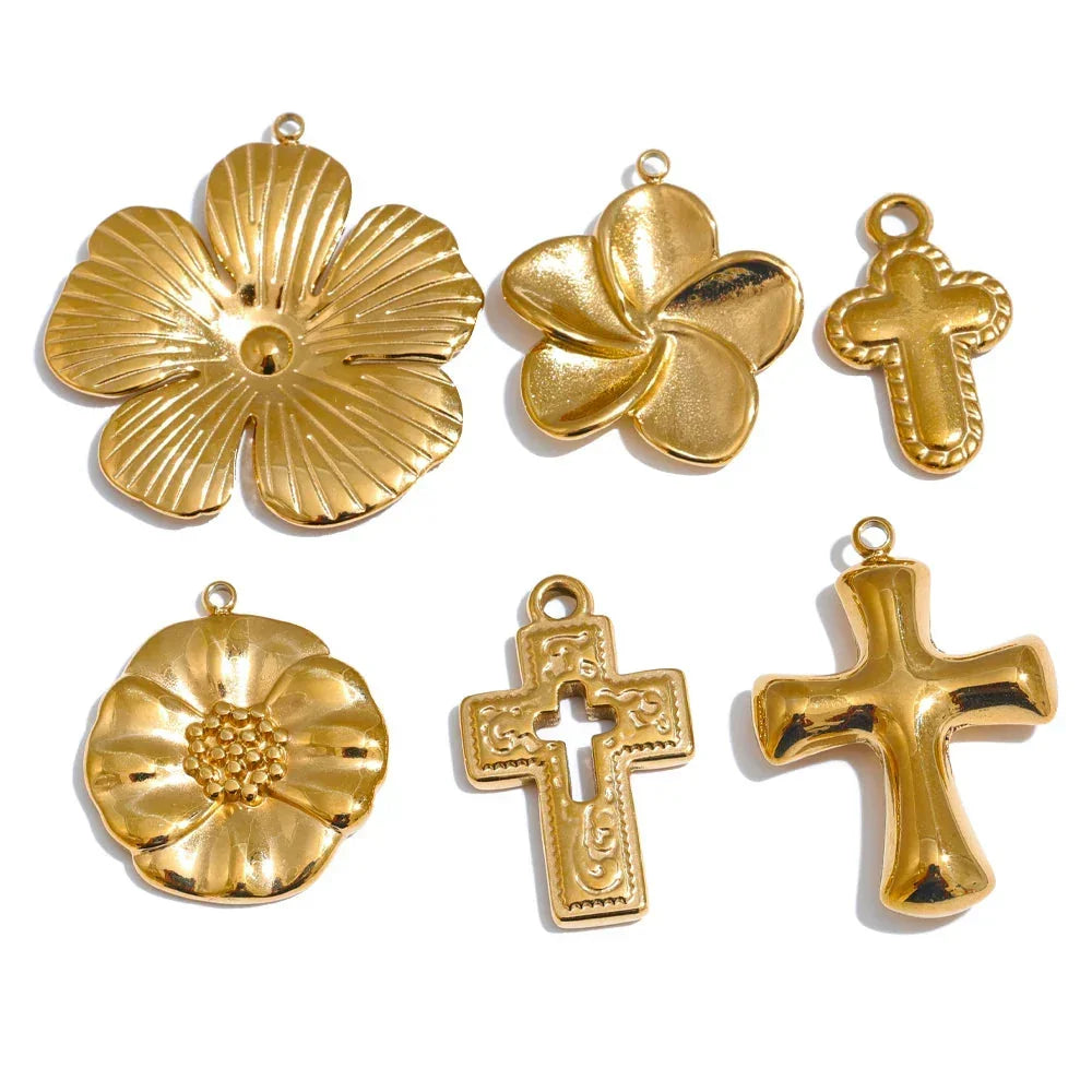 Stainless Steel Metal Flower Cross Pendants Tarnish Resistant DIY Necklace Jewelry Accessories Wholesale Waterproof