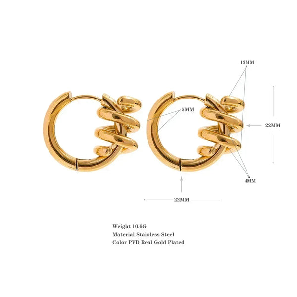 Pair of gold-plated stainless steel hoop earrings with spiral design, detailed measurements shown