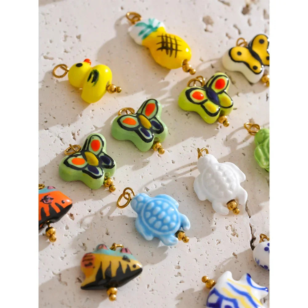1PC Fashion Enamel Fish Turtle Flower Insect Stainless Steel Charm DIY Accessories Making Necklace Bracelet Jewelry