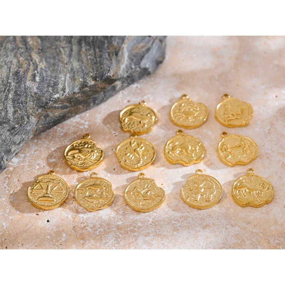 Real Gold Plated 12 Constellation Metal Diy Charms For Jewelry Making Bulk Stainless Steel Charm Pendant Accessories