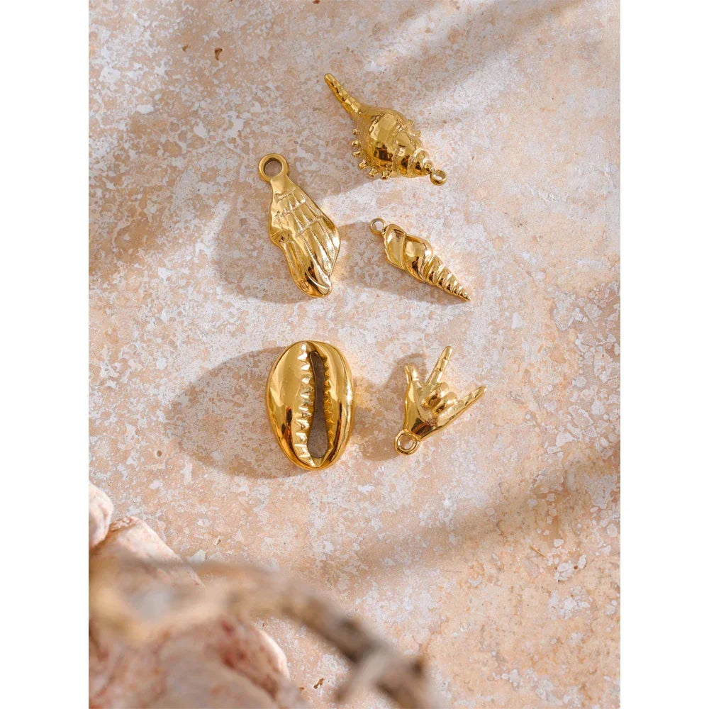 Trendy Stainless Steel Metal 18k Gold PVD Plated Waterproof Conch Shell Ocean Palm Charm Accessories DIY Jewelry