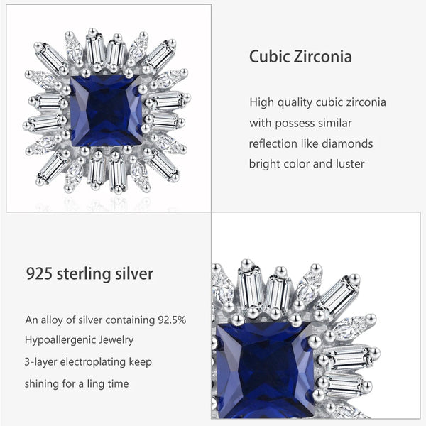 A jewelry details graphic showing a silver-toned ring with a deep blue square-cut cubic zirconia center stone and surrounding baguette and round clear stones. The layout includes text callouts reading 'Details Craftsmanship,' 'Cubic Zirconia,' and '925 sterling silver' on a light gray background.