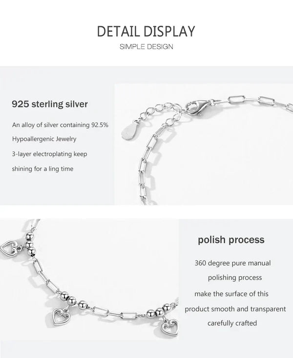 Silver bracelet with heart charms on a white background, featuring text about 925 sterling silver and polishing process.