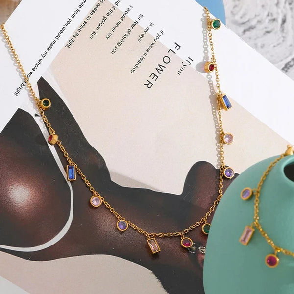 Necklace with colorful beads on a magazine page