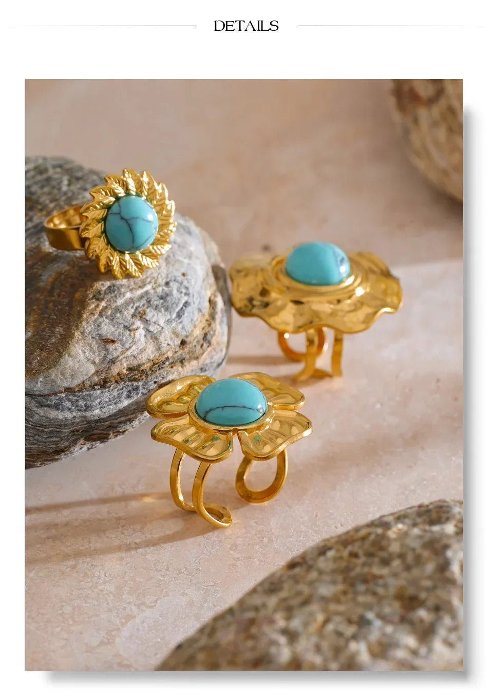 Yhpup Arrivals Blue Turquoise Flower Sun Adjustable Ring for Women 18K Golden Plated Stainless Steel Fashion Finger Jewelry