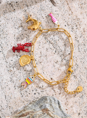 Gold Enamel Fish Charm Bracelet