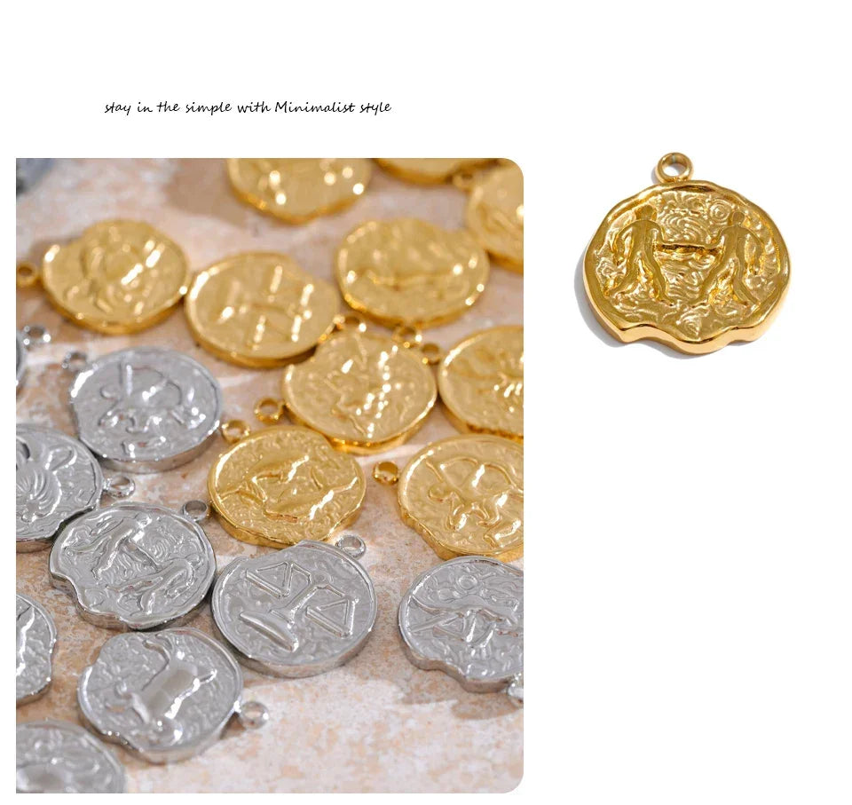 Real Gold Plated 12 Constellation Metal Diy Charms For Jewelry Making Bulk Stainless Steel Charm Pendant Accessories