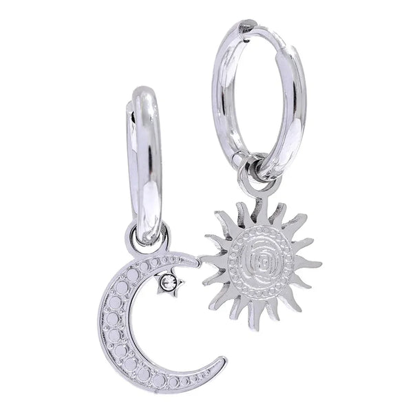 Sterling silver hoop earrings with sun and crescent moon charms, white background