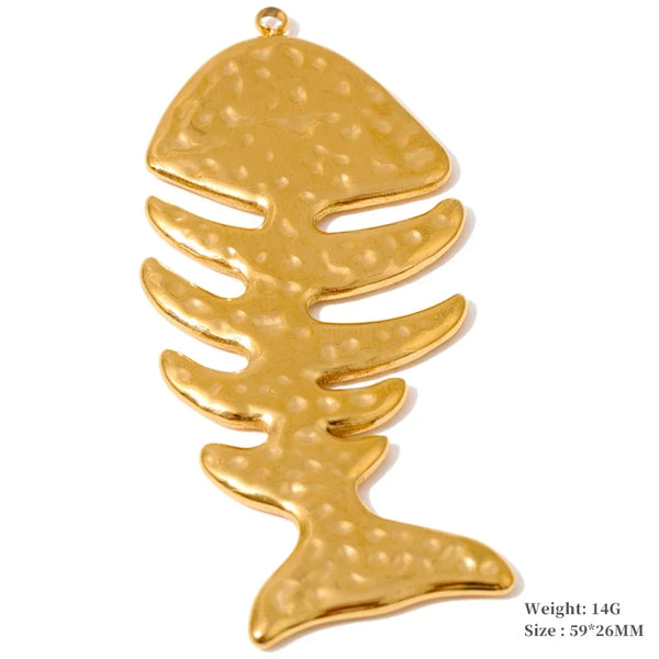A gold-colored fish skeleton pendant with a textured, hammered finish, shown on a plain white background with product specifications text in the bottom right corner.