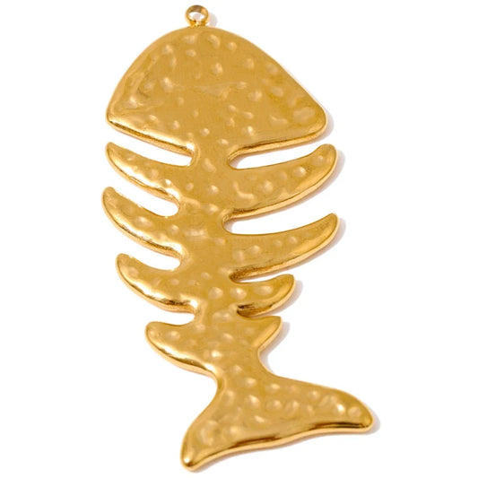 A gold-colored fish skeleton pendant with a textured, hammered finish, shown on a plain white background with product specifications text in the bottom right corner.
