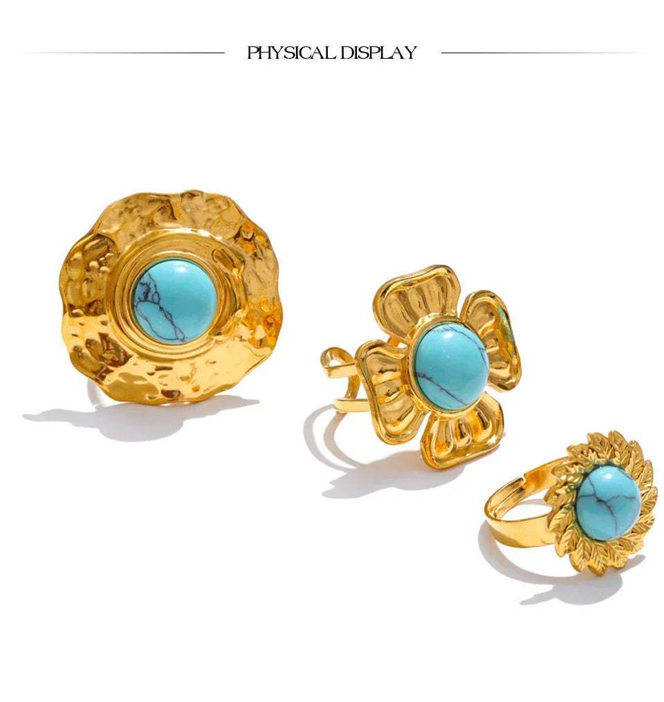 Yhpup Arrivals Blue Turquoise Flower Sun Adjustable Ring for Women 18K Golden Plated Stainless Steel Fashion Finger Jewelry