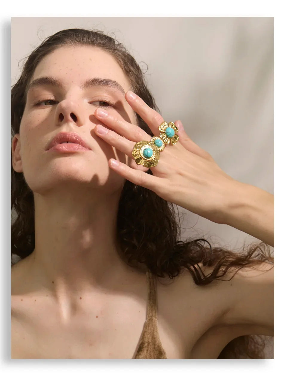 Yhpup Arrivals Blue Turquoise Flower Sun Adjustable Ring for Women 18K Golden Plated Stainless Steel Fashion Finger Jewelry