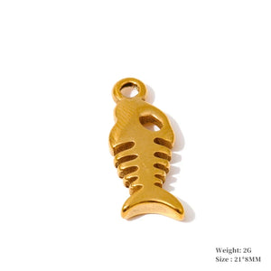 A small gold fish skeleton charm pendant with a top loop, shown on a plain white background with a soft shadow. Small text in the bottom right corner reads 'Weight: 2G Size : 21*8MM'.