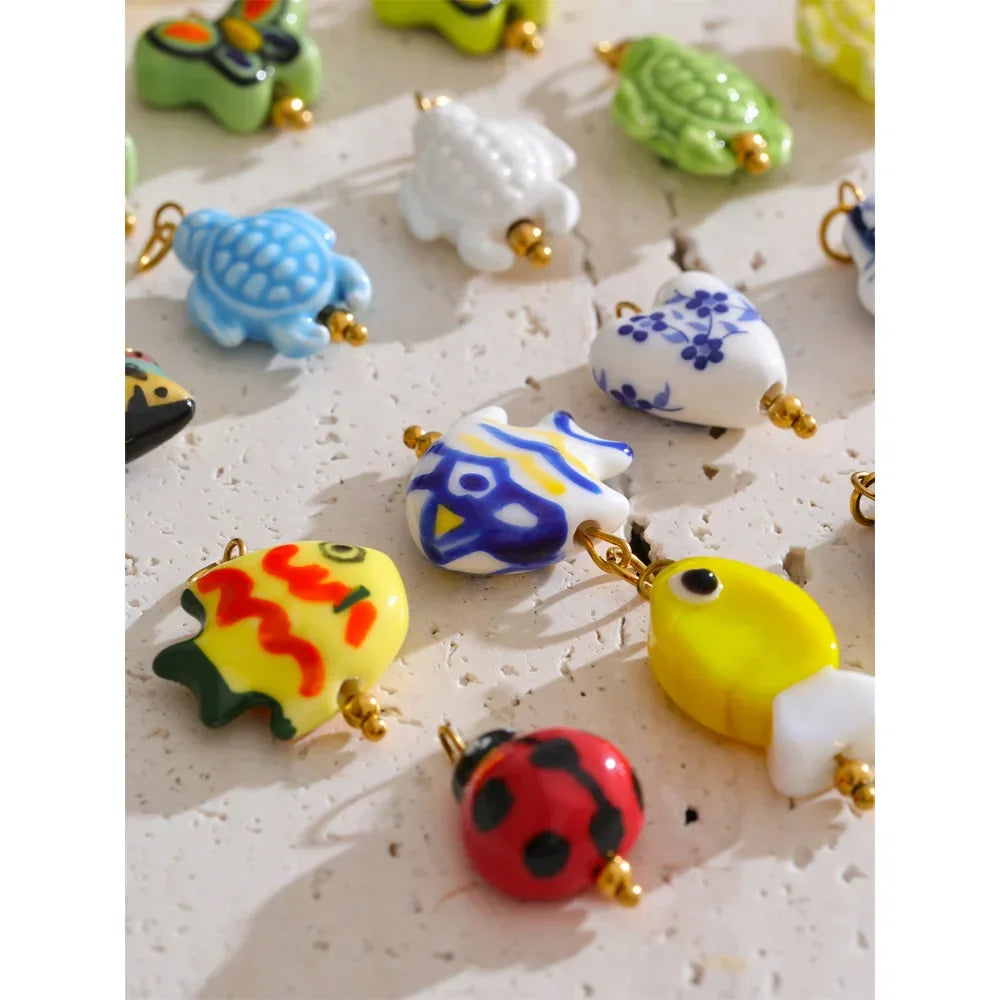1PC Fashion Enamel Fish Turtle Flower Insect Stainless Steel Charm DIY Accessories Making Necklace Bracelet Jewelry