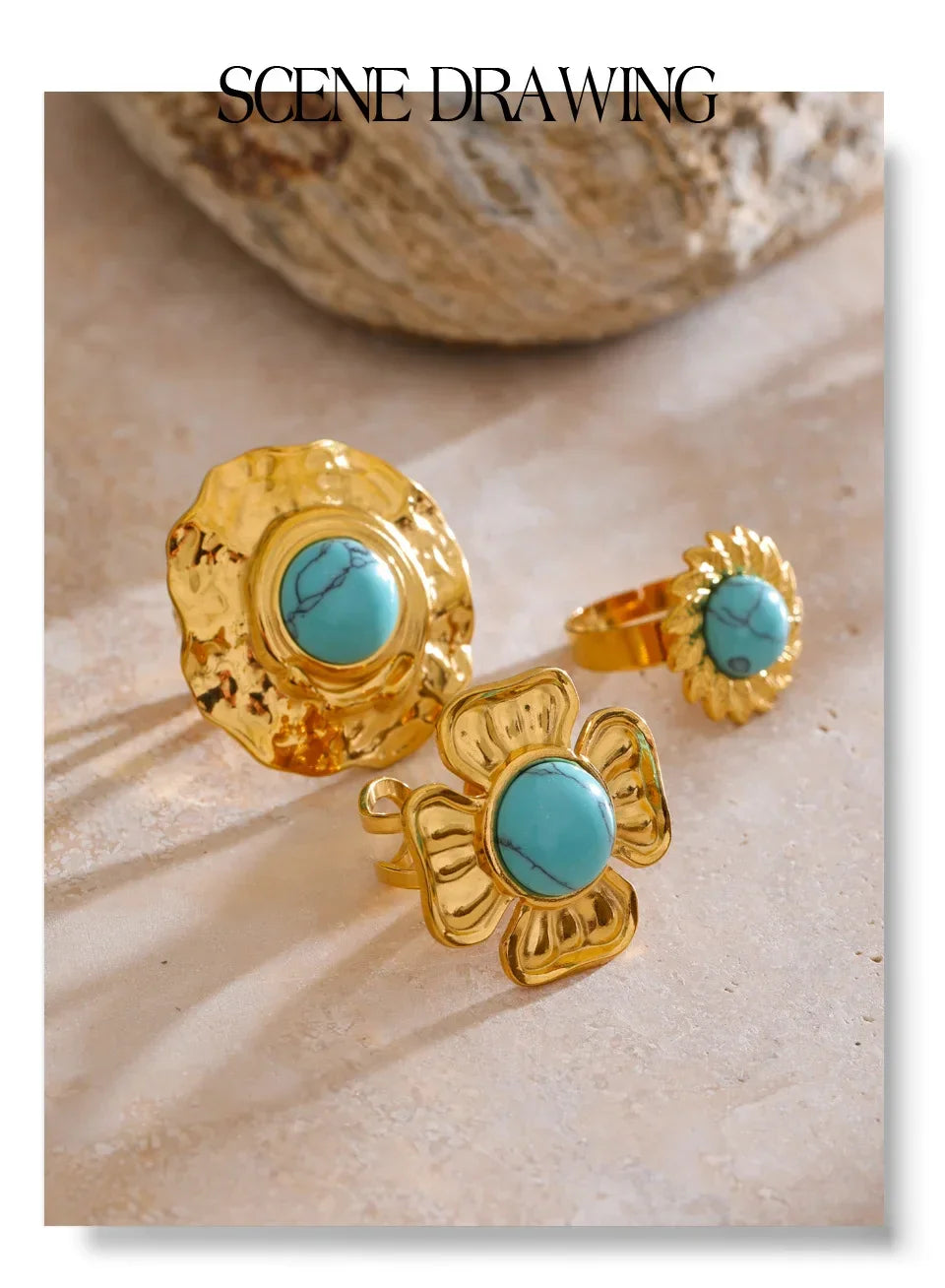 Yhpup Arrivals Blue Turquoise Flower Sun Adjustable Ring for Women 18K Golden Plated Stainless Steel Fashion Finger Jewelry