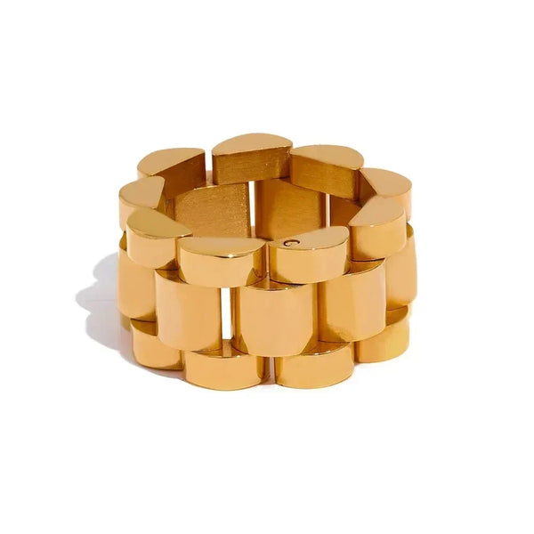 Chunky 18K gold plated geometric ring with modern interlocking design on white background