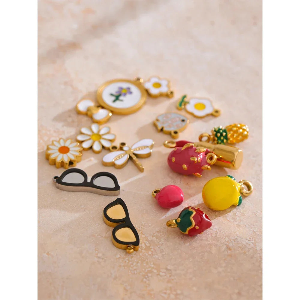 Fashion Enamel Lemon Strawberry Heart Flower Gift DIY Accessories Making Necklace Bracelet Earring Stainless Steel Jewelry