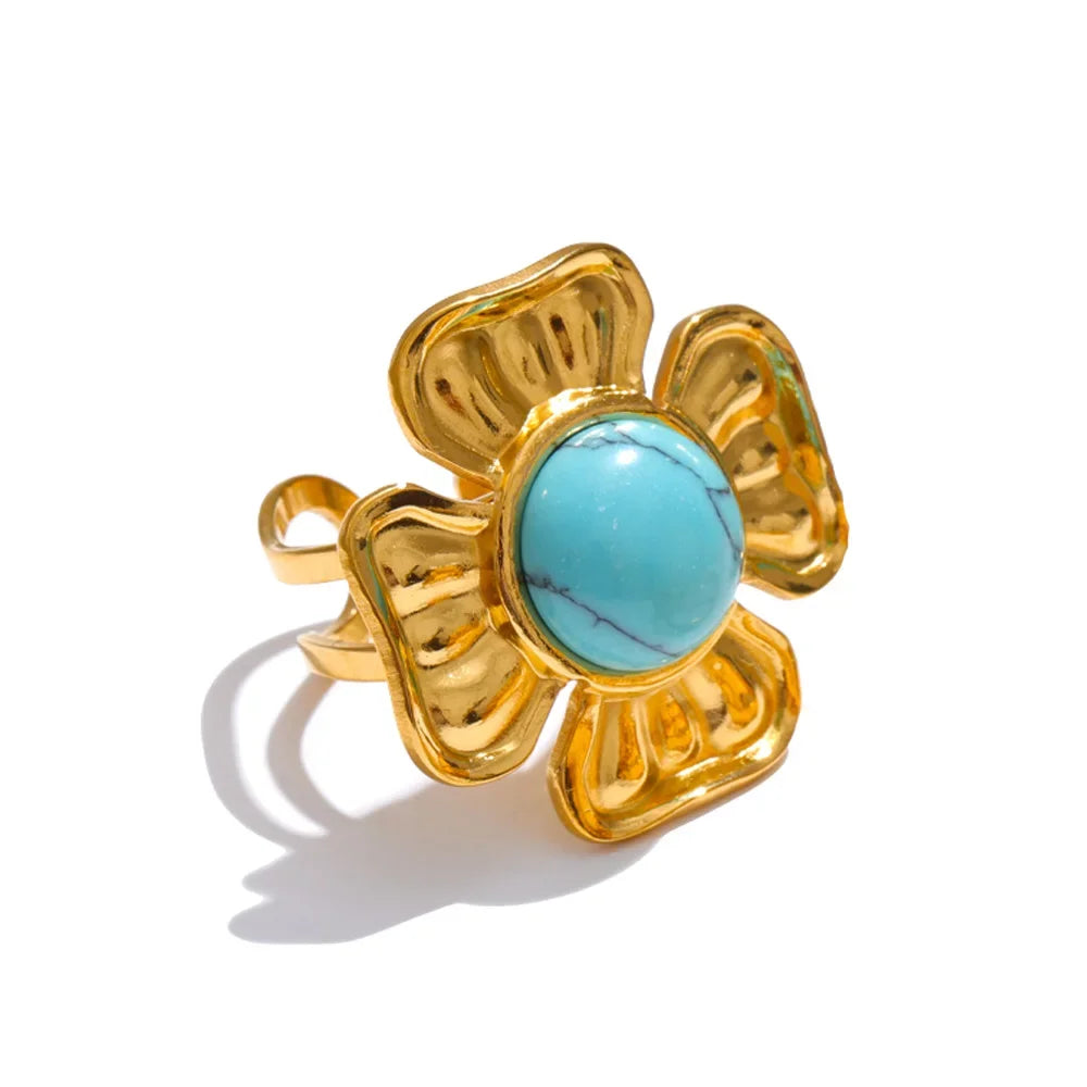 Yhpup Arrivals Blue Turquoise Flower Sun Adjustable Ring for Women 18K Golden Plated Stainless Steel Fashion Finger Jewelry