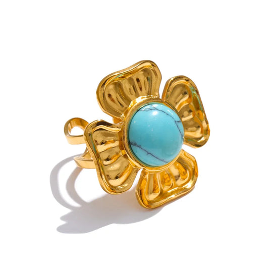 Yhpup Arrivals Blue Turquoise Flower Sun Adjustable Ring for Women 18K Golden Plated Stainless Steel Fashion Finger Jewelry