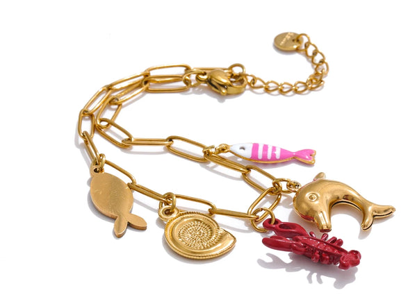 Gold Enamel Fish Charm Bracelet