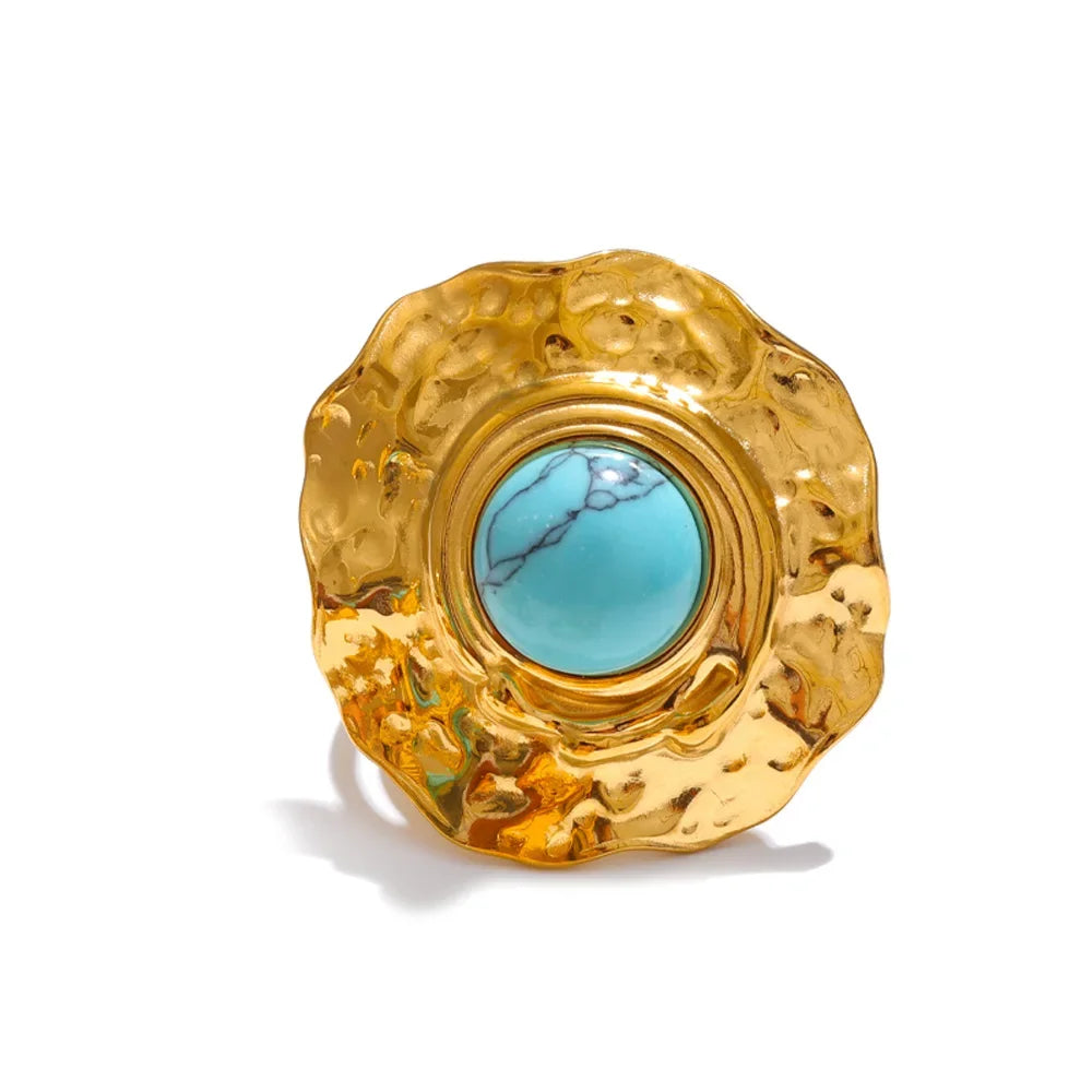 Yhpup Arrivals Blue Turquoise Flower Sun Adjustable Ring for Women 18K Golden Plated Stainless Steel Fashion Finger Jewelry