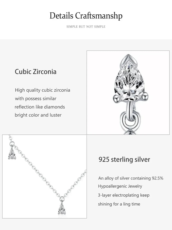 Silver pendant necklace with a faceted crystal design on a chain, shown with text callouts reading 'Cubic Zirconia' and '925 sterling silver' on a light gray background.