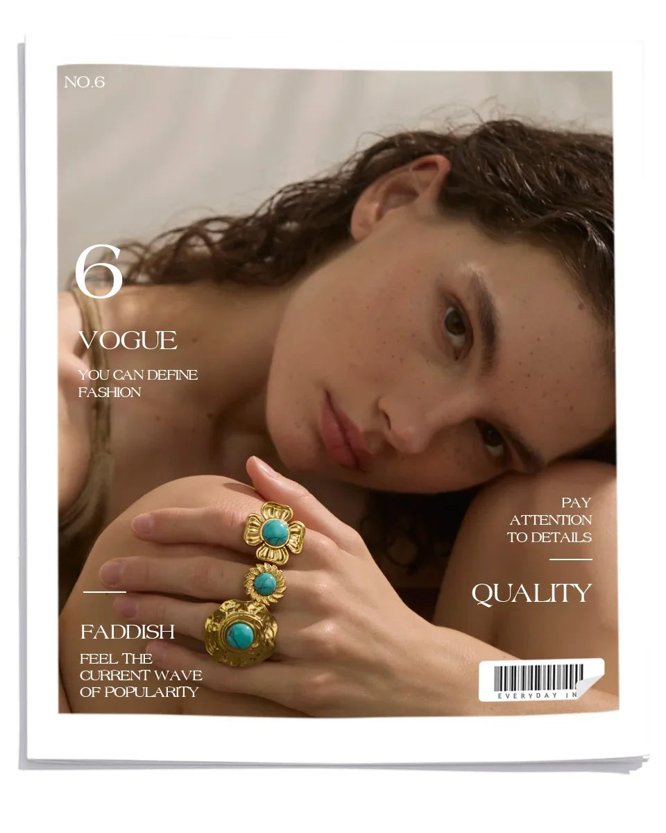 Yhpup Arrivals Blue Turquoise Flower Sun Adjustable Ring for Women 18K Golden Plated Stainless Steel Fashion Finger Jewelry